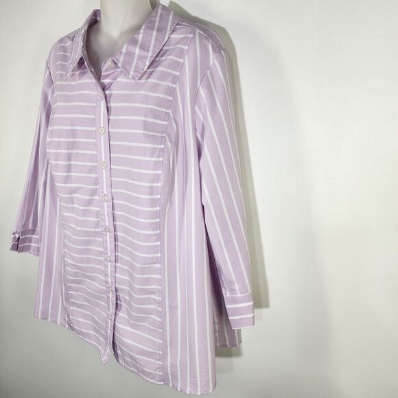 Denim & Co. Womens Shirt Size 1X Stripe Stretch Poplin 3/4 Sleeves Light Orchid - Picture 4 of 9